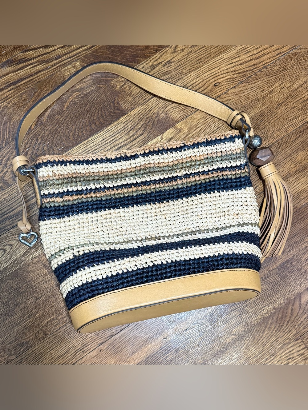 Brighton Colora Ferrara Straw Raffia Striped Hobo Shoulder Bag Leather